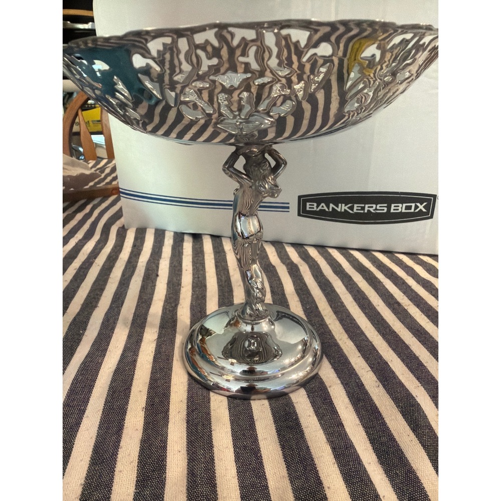 Farber Bros Krome Kraft Art Deco Chrome Nude Lady Figural Compote Grape Bowl NY
